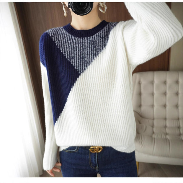 Women's Loose Knitted Round Neck Stitching Contrast Color Sweater