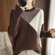 Women's Loose Knitted Round Neck Stitching Contrast Color Sweater