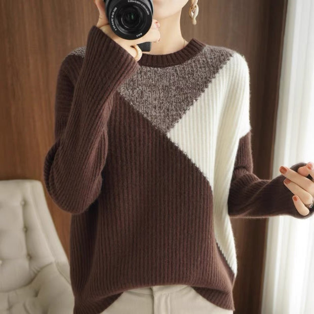 Women's Loose Knitted Round Neck Stitching Contrast Color Sweater