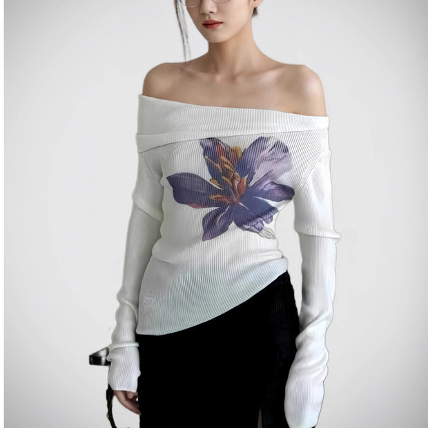 Off-shoulder Floral Print Sweater Women's Off-shoulder Knitted Top