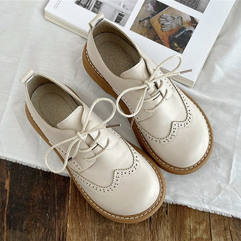 Women's Brogue Hollow Leather Lace-up Retro Chunky Heel Shoes