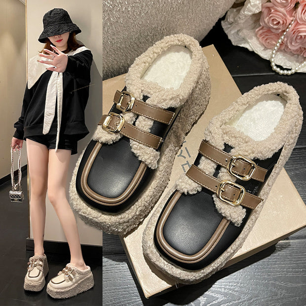 Fashion Korean Style Belt Buckle Outer Wear Fleece-lined Wedge Slippers