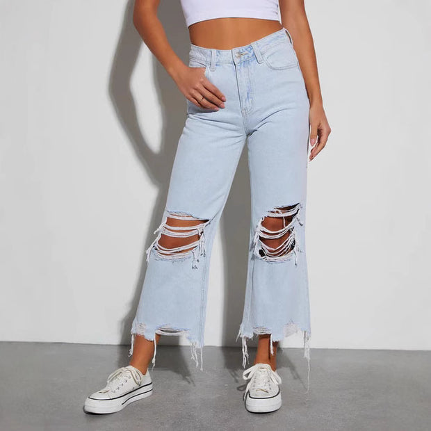 Women's Casual Loose Mid Waist Ripped Cropped Jeans