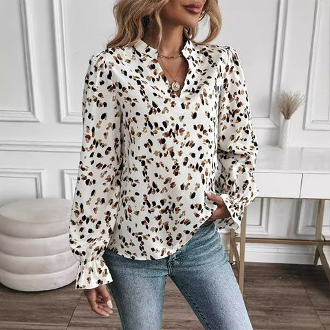 Women's Casual Printing Fabric Lantern Sleeve Shirt