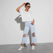 Women's Casual Loose Mid Waist Ripped Cropped Jeans