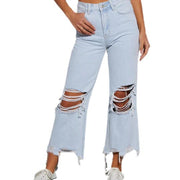 Women's Casual Loose Mid Waist Ripped Cropped Jeans