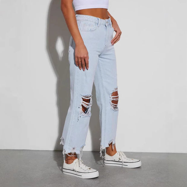 Women's Casual Loose Mid Waist Ripped Cropped Jeans