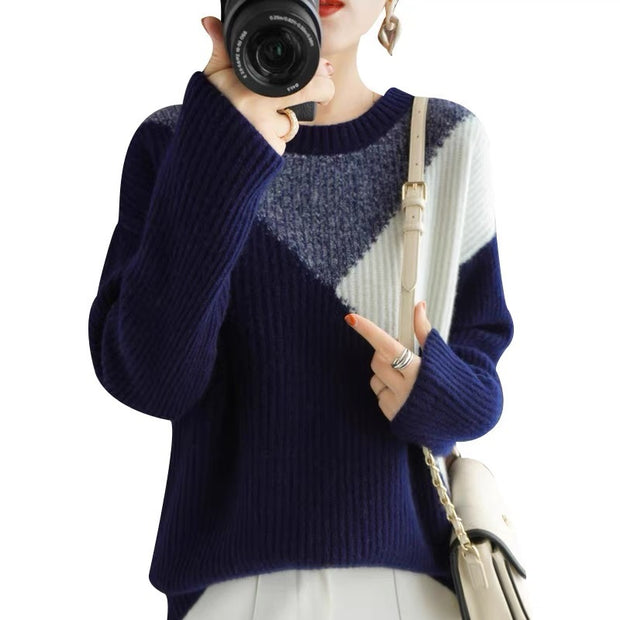 Women's Loose Knitted Round Neck Stitching Contrast Color Sweater