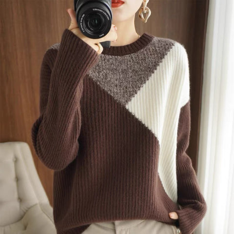 Women's Loose Knitted Round Neck Stitching Contrast Color Sweater