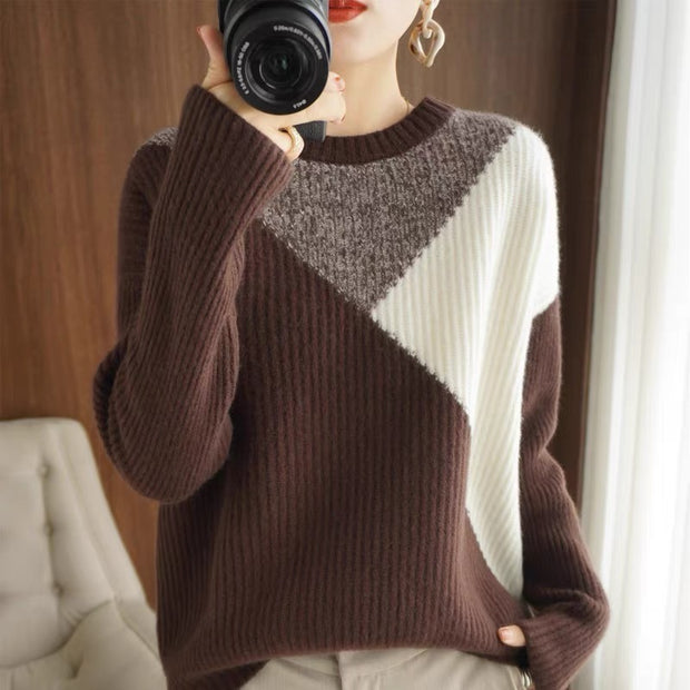 Women's Loose Knitted Round Neck Stitching Contrast Color Sweater